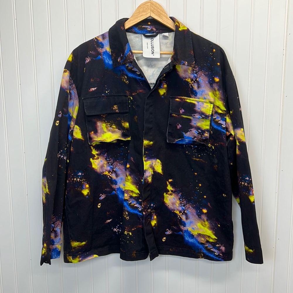 ASOS Collusion Space Galaxy Oversized Button Down Shirt Cotton Canvas‎ Sz M